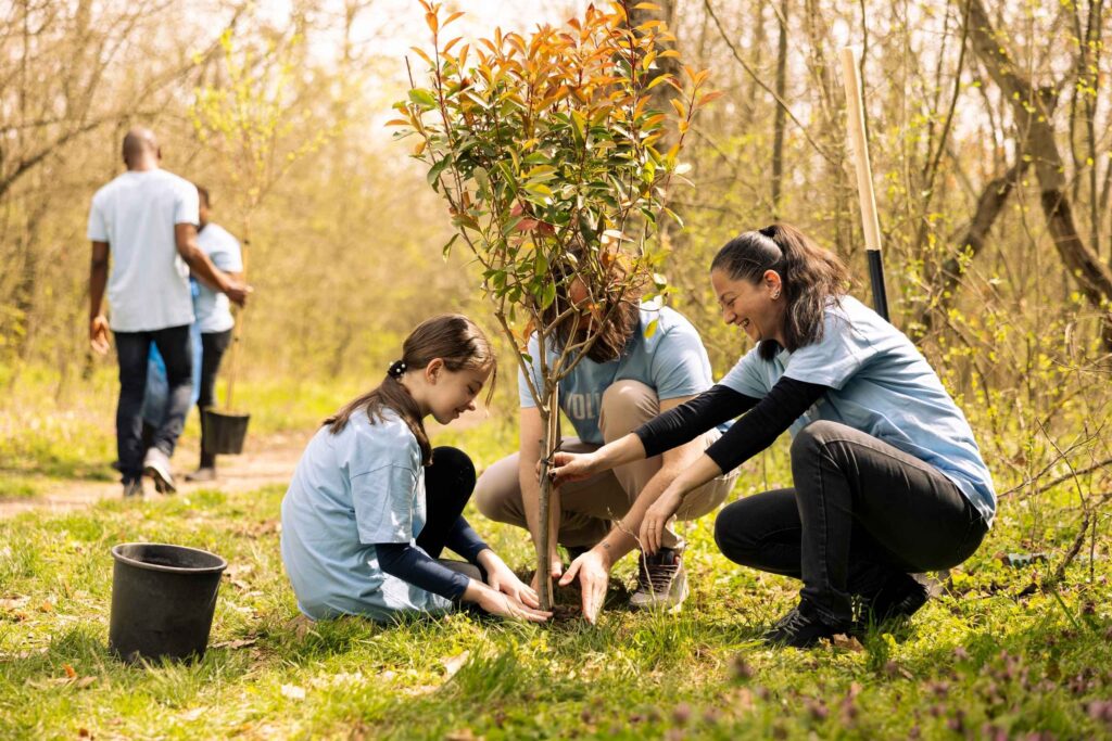 Imagen que representa personas cuidando el medio ambiente dos adultos y una niña siembran un árbol.