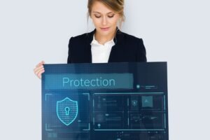 Mujer delegada para protección de datos personales sostiene una pantalla que demuestra seguridad