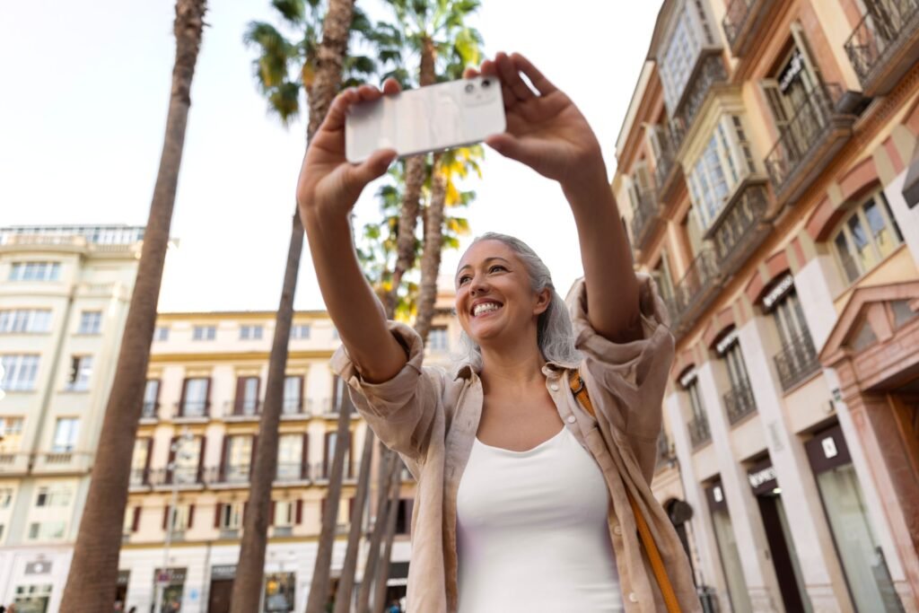 Mujer ecuatoriana adulta mayor tomándose una selfie en España