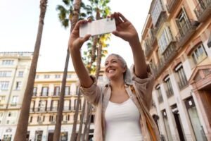 Mujer ecuatoriana adulta mayor tomándose una selfie en España